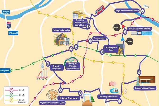 Daegu Hop on Hop off City Tour Bus Discount Ticket (내국인불가) - Stop-by-stop: start with Dongdaegu, then go straight toward the fun areas